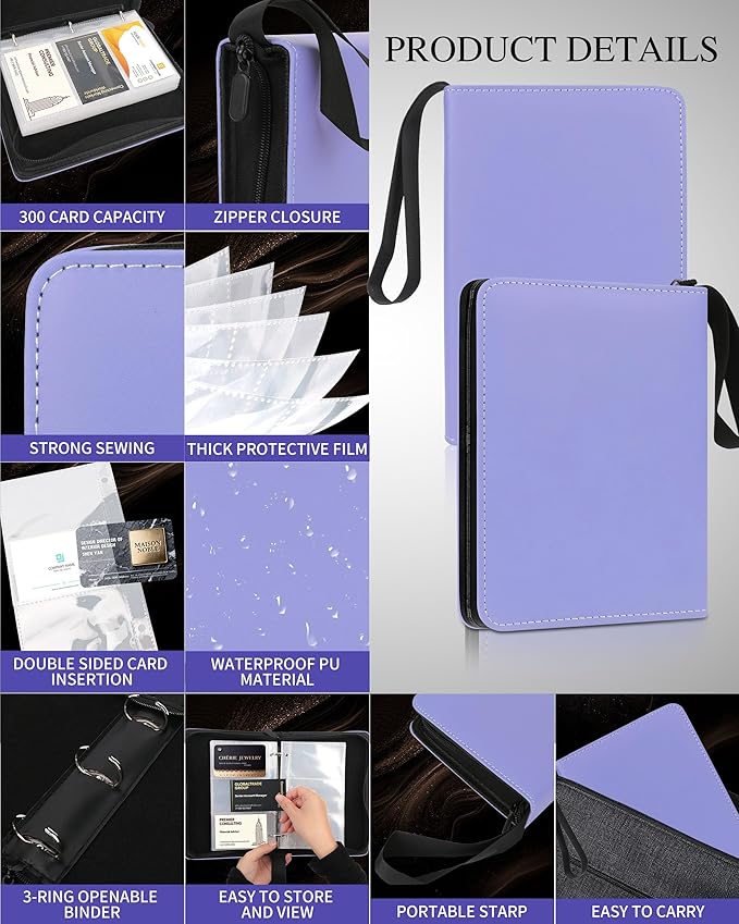Leather Business Card Book Holder Organizer, Professional Name Card Book Holder with 300 Card Capacity, Portable PU Credit Card Binder File Sleeve Storage for Men Women,50 Pack Sleeves Zipper Closure