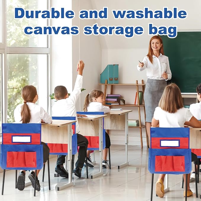 4 Pack Chair Pockets for Classrooms, 17.2"x19" Seat Sacks for Classroom Chairs K-2, Heavy Duty Back of Chair Organizer Pocket with Name Tag Slot for Supplies, Books, Storage