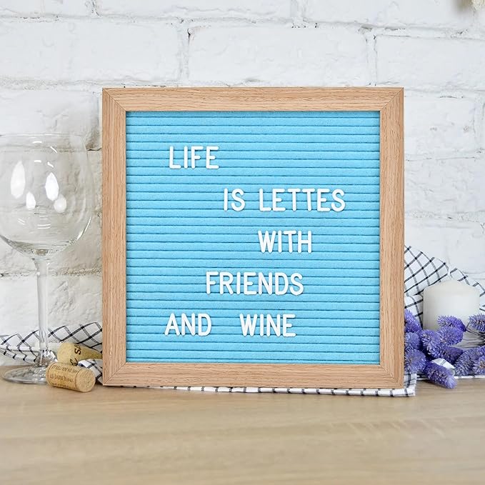 Felt Letter Board with 294 Letters, Numbers & Symbols - 10 x 10 inch Changeable Message Board with Wooden Frame Wall Mount Hook, Blue & Wood