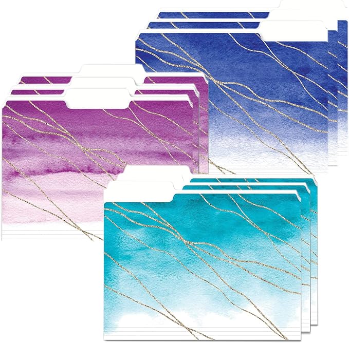 9 Decorative File Folders for Women – Cute Watercolor and Gold Design Colored File Folder Letter Size 1/3 Cut Tabs - Office Supplies Organizers for Females - 9.75" x 11.5"
