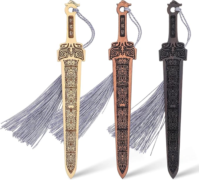 Nogeqi 3 Pcs Wooden Sword Bookmark,Cool Bookmarks with Tassel,Vintage Book Marks for Reading Men,Book Reading Accessories,Gift for Men Teacher and Student Office School Library Bookstore(Black Brown)