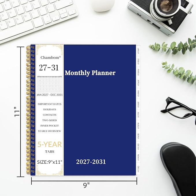 2027-2031 Monthly Planner 5 Year Monthly Planner/Calendar 2027-2031, Jan 2027 – Dec 2031, 9" x 11", Tabs, Double-Side Pocket, Holidays, Thick Paper - Navy Blue