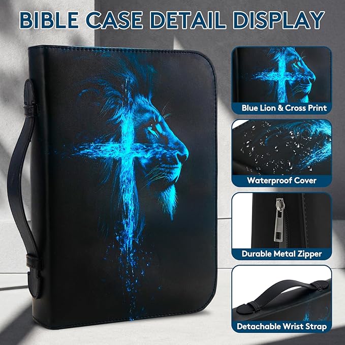 Bible Cover, Bible Carrying Book Case for Men,Protective Bible Organizer Holder Bag with Handle and Zippered Pocket, Christian Gift for Girls Boy (Blue Lion, L)