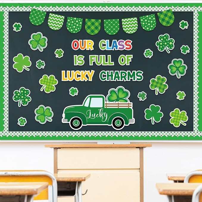 JarThenaAMCS St. Patrick' s Day Bulletin Board Classroom Decorations Set Our Class is Full of Lucky Charms Shamrock Irish Clover Truck Paper Cutouts for School Classroom Chalkboard Wall Decor Supplies