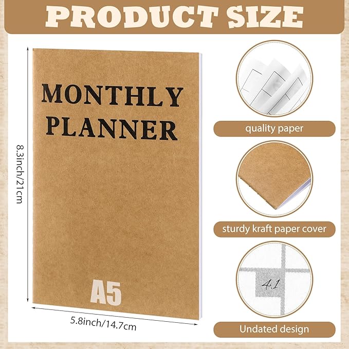 Fullhawl Undated Monthly Planner, 2026 Blank Pocket Weekly Planner with Kraft Cover, Mini Calendar Book for Office, Blank Date Goal/Time Organizer, 20 Sheets(5.8 x 8.3 Inch)