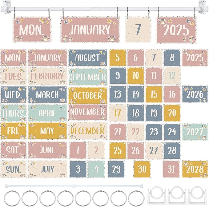 AmazingSpark 54 Pcs Boho Calendar Bulletin Board Set 54 Date Cards for Boho Flip Calendar with Adjustable Holder for Home Decor Back to School Classroom Decoration Supplies
