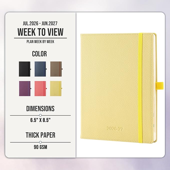 Weekly Planner 2026-2027 A5 (6.5" x 8.5") 12 Months (Jul'26 - Jun'27) Weekly & Monthly Planner with Month Tabs & Inner Pocket, Expenses/Note Pages, PU Leather Yellow