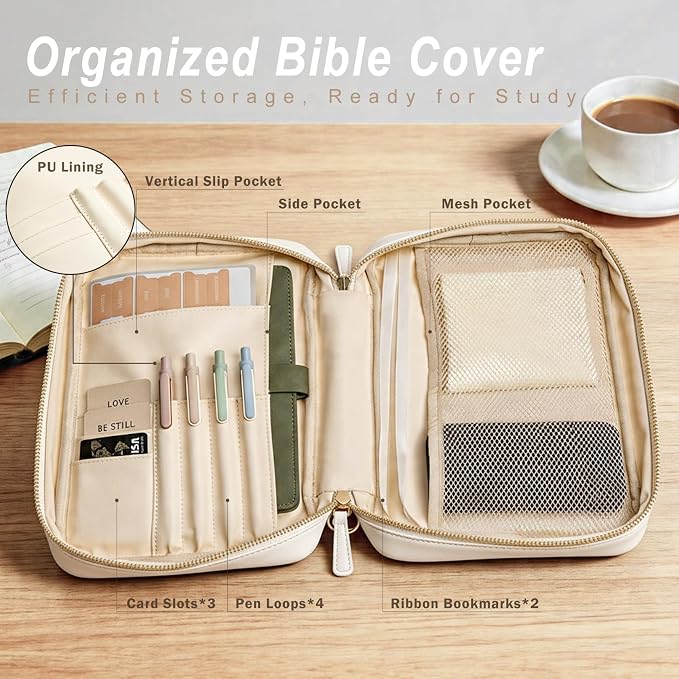 Bible Cover Case for Women, Vegan Leather Bible Carrying Case with Strap and Zipper, Bible Study Kit with Journal, Pens, Tabs and Sticky Notes, Large Bible Bag for Church, Ideal Gift (Beige)