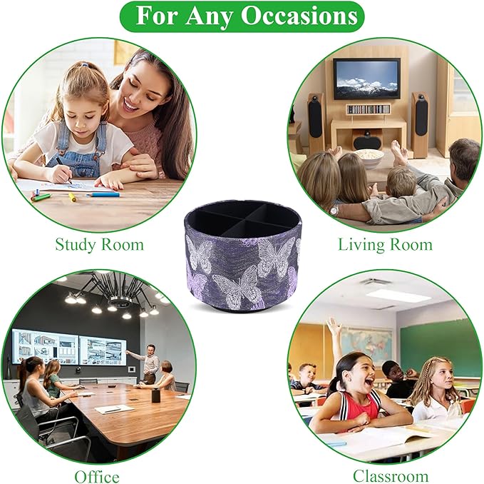 Round Leather Art Supply Organizer,Remote Control Holder,360-degree Rotating Pen Organizer with 4 Compartments(1-Butterfly Purple)