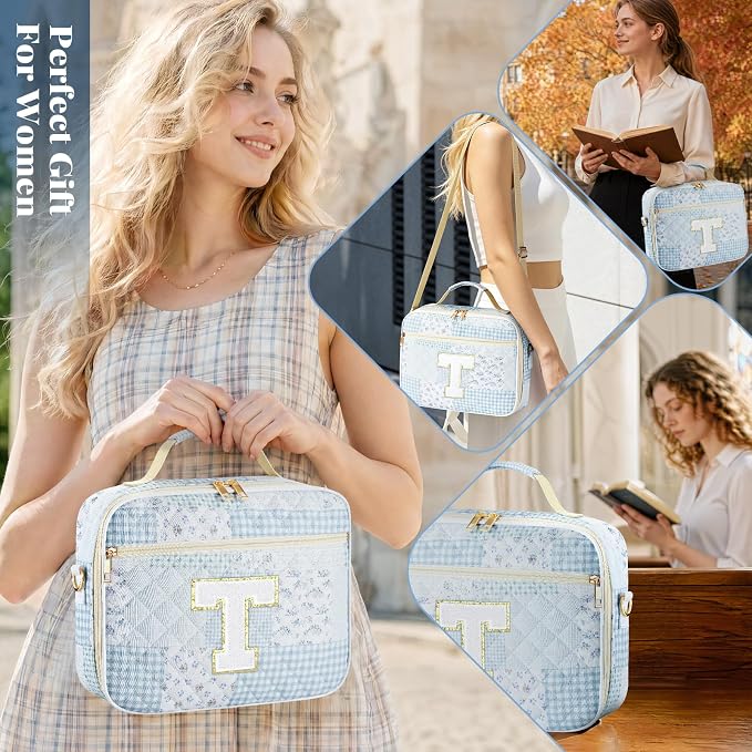 Personalized Initial Bible Cover Case for Women, Large Quilted Bible Bag with Durable Handle, Stylish Church Bag Journaling Kit with Study Supplies Accessories, Christians Gifts for Women (Spliced-T)