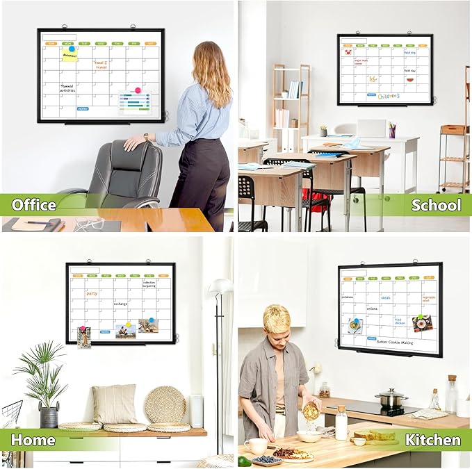 Dry Erase Calendar Whiteboard for Wall, 36" x 24" Double-Sided Magnetic Monthly WhiteBoard Calendar Dry Erase, Wall Hanging Aluminum Frame with Tray for Home, School, Office