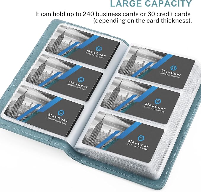 MaxGear Business Card Organizer Book, Holds 240 Cards, Portable PU Leather Business Card Holder with Clear Sleeves, Professional Card Binder for Office, Meetings, Networking, Gray Blue