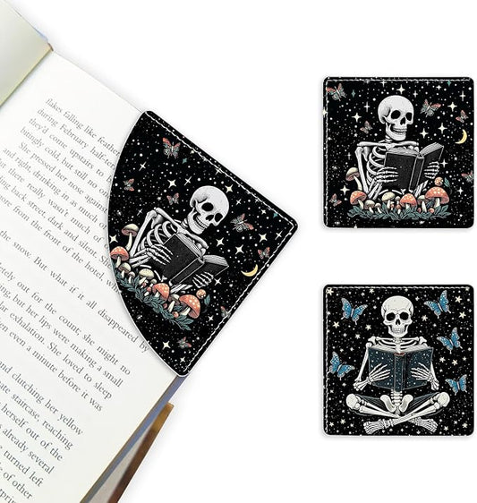 2 Pack Skeleton Reading Leather Book Corner Bookmark, Durable Handmade Reading Accessories - Gifts for Readers, Women, Men, Teachers, Students