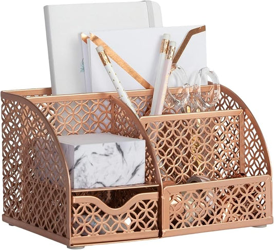 BLU MONACO Rose Gold Desk Organizer – Designer Metal with Rose Gold Finish, Storage for Paper & Office Supplies
