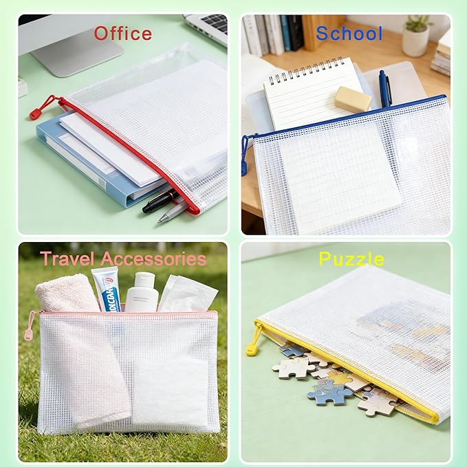 7-Pack Mesh Zipper Pouch with 1 Organizer Bag, A4 Size (13x9.4) Clear Waterproof File Bags, Fits 14 Inch Laptop, Professional Office & College Organizing System (8pcs)