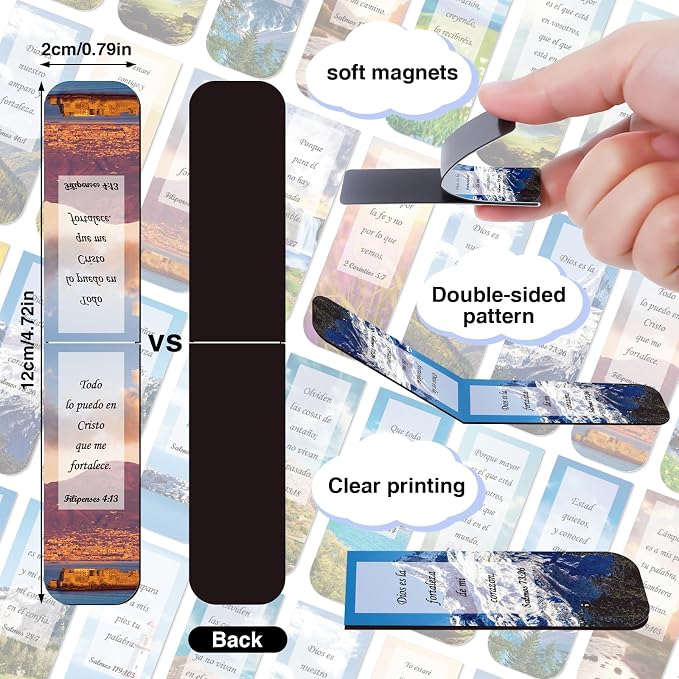 Wxiben Spanish Christian Magnetic Bookmark - 30PCS Bible Verse Magnetic Bookmarks Scripture Scenery Book Marks Inspirational Religious Book Mark Magnets Page Marker Clip for Students Teacher Reading
