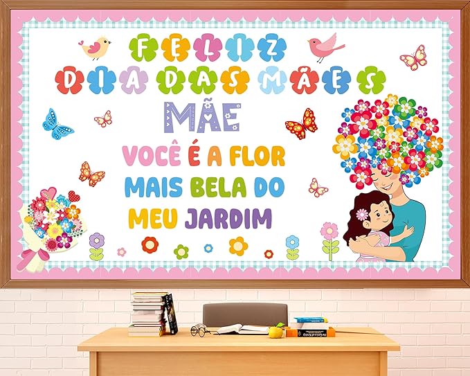 Mother's Day Bulletin Board Set Portuguese Happy Mother's Day Classroom Decoration Feliz Dia DAS MAES Flower Cutouts for Mom Floral Birthday Party School Classroom Home Window Supplies