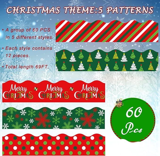 Whaline 69Ft Christmas Classroom Borders Bulletin Board Decorations Red Green Xmas Trim Border Bulletin Board Stickers for School Classroom Office Christmas Decor Party Supplies, 5 Design