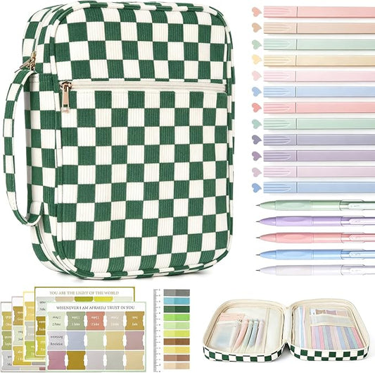 Bible Cover case for Women,Large Bible Bag,Bible Study Supplies,Checkered Corduroy Bible Case for Girls,Christian Gifts for Women,Mother's Day(Green Large)