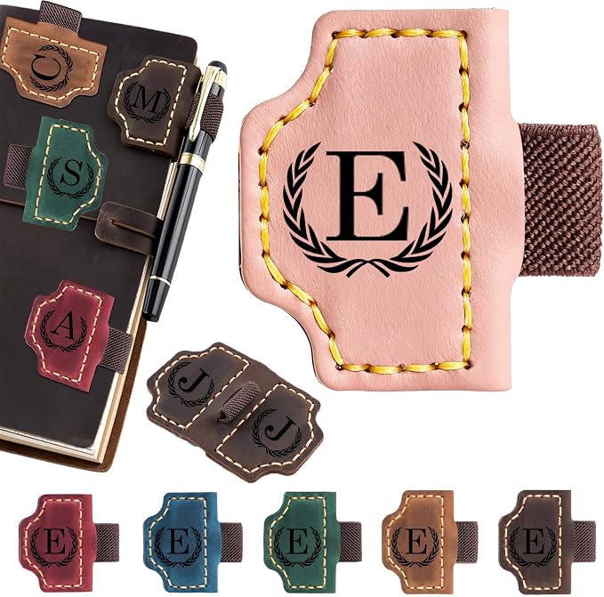 Artlaza Personalized Magnetic Leather Bookmark with Pen Holder - 26 Letters Custom Book Mark with Name Initial Engraved Book Marker for Readers, Book Lovers, Travelers - Gift for Women & Men(Pink，E