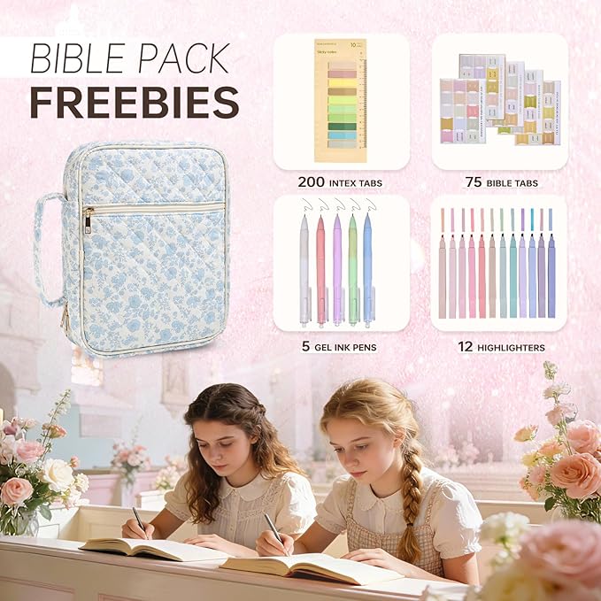 Bible Cover Case for Women Large Bible Cover Bag Quilted Bible Carrying Case for Girls Bible Study Supplies Accessories Christian Gifts for Women (Small Blue Floral, Large)