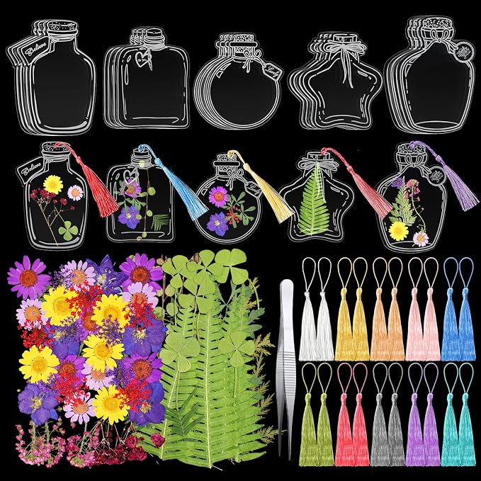 TaoBary 161 Pcs DIY Transparent Dried Flower Bookmark Set Include Clear Bookmarks Dried Flowers Colorful Tassels and Tweezer Handmade Dried Floral Bookmark for Reader Book Bottle(Pretty)