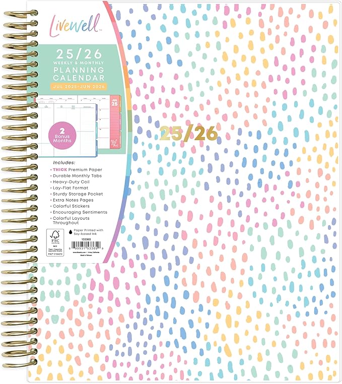 Blue Sky Livewell Weekly and Monthly Academic Year Planner Calendar, July - June, Flexible Cover, Wirebound, Colorful Interior, Laminated Tabs, Storage Pocket, Includes Stickers, Rainbow (Rainbow- 2025/2026, 7" x 9")
