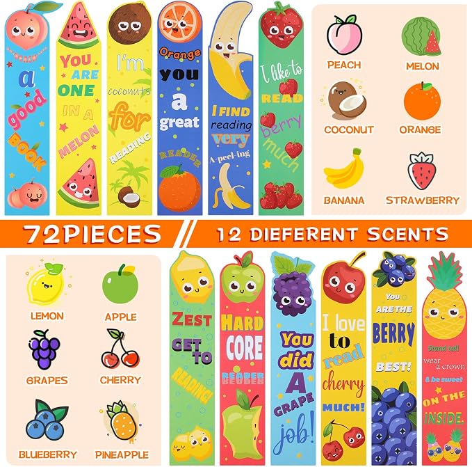 Gersoniel 72 Pieces Fruit Scented Bookmarks for Kids Bulk Scratch and Sniff Bookmarks Fun Smelly Book Marks Cute Gifts for Classroom Prizes Students Teens Food Lovers, 12 Styles