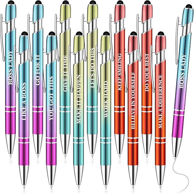 Zonon 12 Pcs Inspirational Pens Gift Set Funny Ballpoint Pen with Stylus Tip Motivational Graduation Gifts Bulk for Teacher Coworkers Nurse School Office Supplies(Plating Color,Motivational Style)