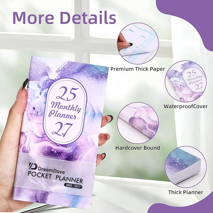 2026-2027 Monthly Pocket Planner/Calendar , 2 Year Small Size Academic Planner With Daily Quotes Hardcover Agenda Book Perfect Organizer for Purse,Planning, Organizing, and Office Use (Starry Sky Purple+Green)