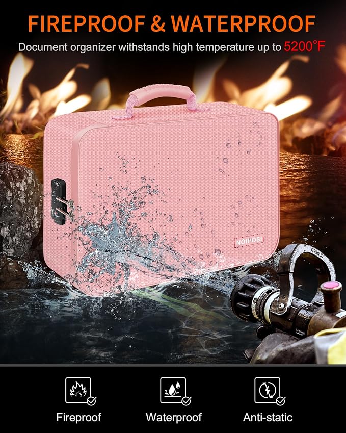 Noiposi Document Organizer with 5200℉ Heat Insulated,16.1"x11.4"x4.3" Waterproof and Fireproof Document Box,Portable Home Travel Safe Storage Box for Important Documents and File,Pink
