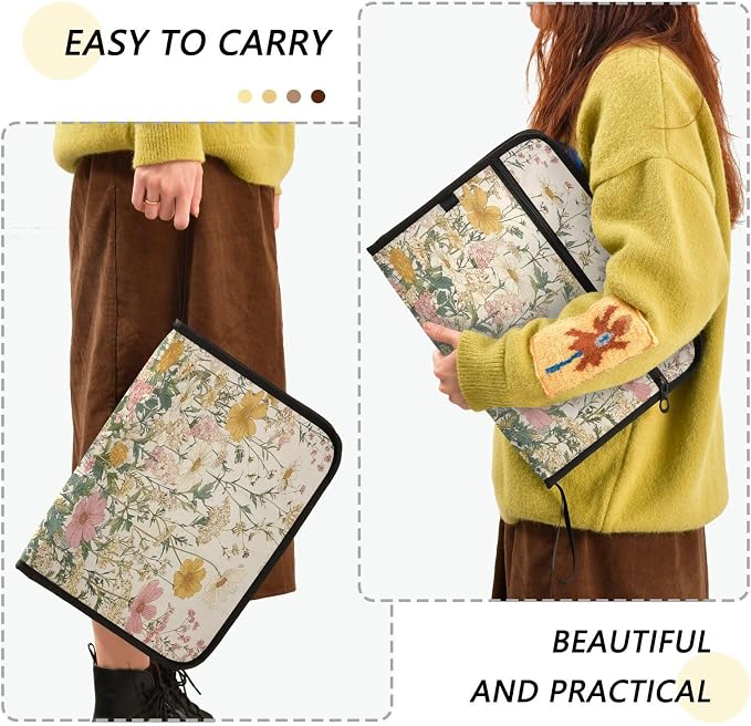 Pink Beige Flowers Accordion File Organizer Expanding Document Folder with 13 Pockets Portable File Folder for A4 Letter Size