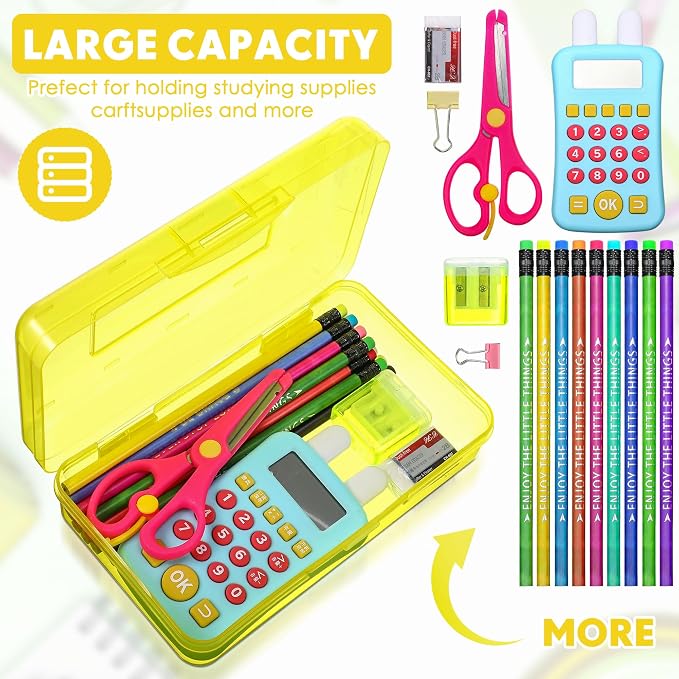 Leelosp 12 Pack Clear Pencil Boxes for School Bulk, Large Plastic Pencil Case with Lid, Stackable Hard Crayon Storage Box for Classroom Kids, Desk Drawer Organizer for Office Home(Yellow)