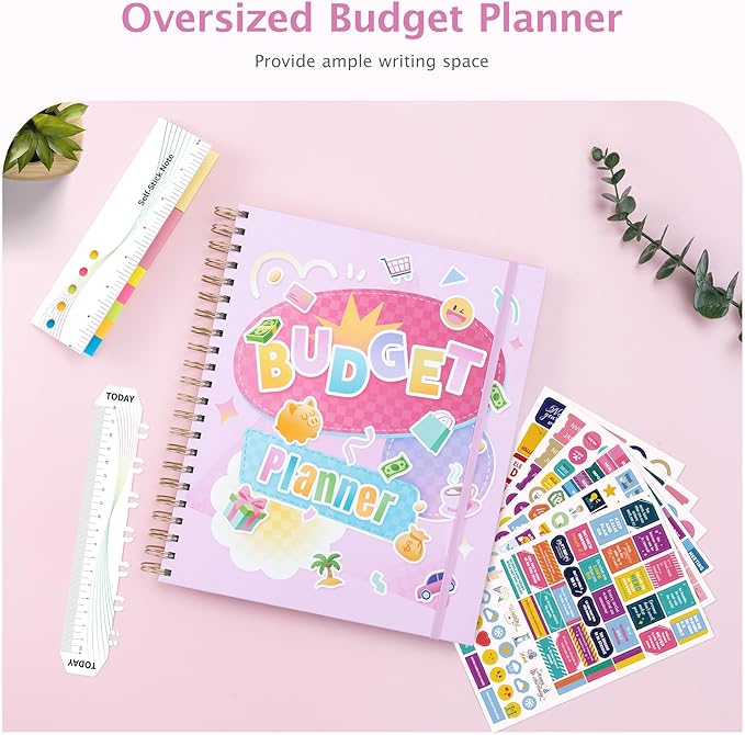Ospelelf Oversized Budget Planner and Monthly Bill Organizer, Spiral Bindding Money Expense Tracker with Pockets & Stickers, 9" X 11" Large Pages for Spacious Writing, Original Fun Colorful Design, 12 Month Financial Notebook Pink
