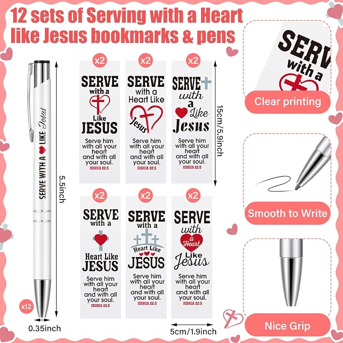 Dispowreath 24 Pcs/ 12 Sets Serve with a Heart Like Jesus Bookmarks with Christian Pen Include 12 Christian Joshua 22: 5 Bookmarks 12 Jesus Pens for Religious Church Volunteers Prizes Party Favors