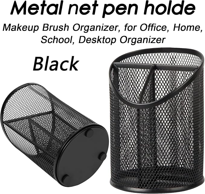 AKOAK Metal Net Pen Holder, Black 3 Compartments Pencil Organizer, Makeup Brush Organizer, for Office, Home, School, Desktop Organizer - Pack of 1