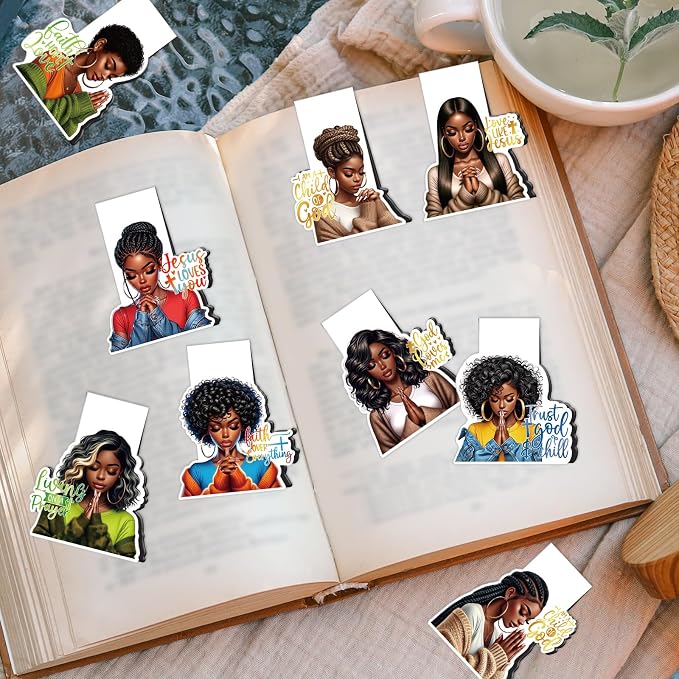 Black Girl Magnetic Bookmarks Gifts - Cosmisun 9 Pcs Praying Black Women Bookmark Magnets Christian Inspirational Book Marks Page Markers Clip Gifts for Church Women Students Teacher Bookish Reading