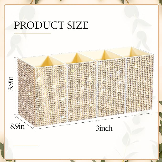 Bling Makeup Brush Organizer for Women, Rhinestone Desk Organizer Pen Holder, Girly Eyeliners Display Case for Vanity, Office, Elevate Your Workspace with Serenity(Rhinestone, Champagne)