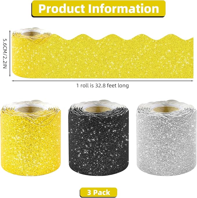 3 Rolls 98.4 Ft Glitter Bulletin Board Borders Set - Sparkly Classroom Borders for Bulletin Board Decorations - Office, School Supplies, Home DIY - Perfect for Teachers, Posters & Birthday Party Decor