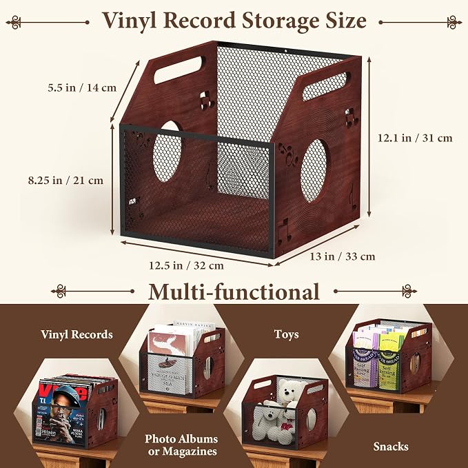 Vinyl Record Storage Crate with Handle, Wood and Metal Mesh Record Holder Holds 60 LPs, Easy Assembly Vinyl Storage Box for Home Office Record Store