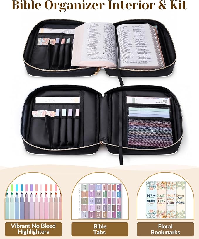 XKDOUS Quilted Leather Bible Cover Case for Women, Zippered Bible Carrying Bag with Study Supplies and Accessories, Waterproof Bible Organizer Holder for Church and Daily Use (White, Black & Brown)