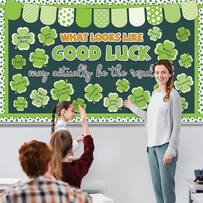 St. Patrick's Day Bulletin Board Decoration Set Lucky Shamrock Motivational Classroom Decoration Green Shamrock Positive Paper Cutouts for Irish Holiday Party School Home Office Chalkboard Wall Decor