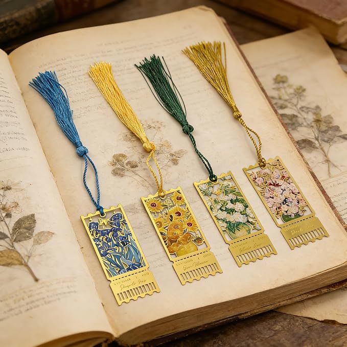 4 Pack Metal Bookmarks with Tassel, Oil Painting Style Decorative Bookmarks, Reading Page Markers for Book Lovers, Readers, Writers, Students, Adults, Men & Women