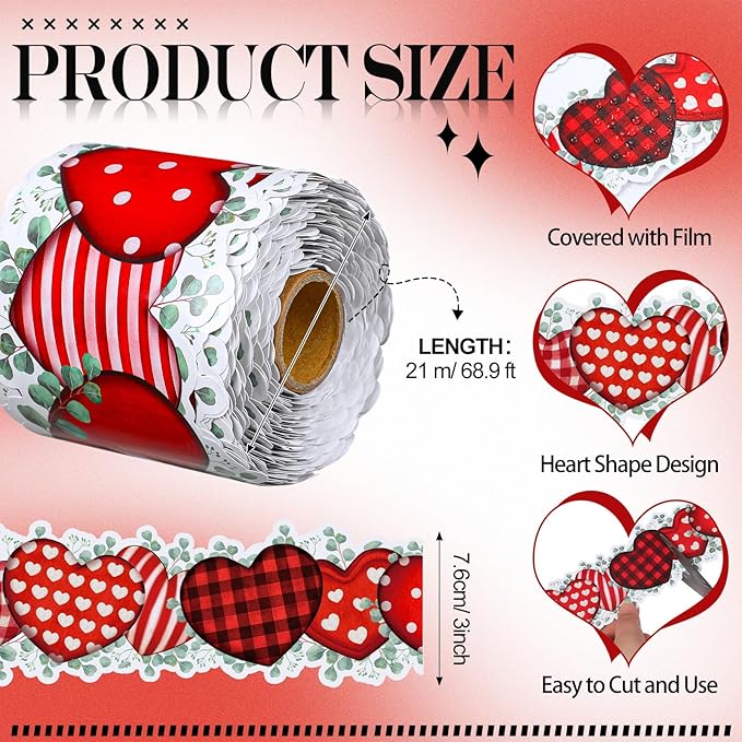 Dispowreath 68.9 Feet Valentine‘s Day Bulletin Board Border Decoration Heart Shaped Bulletin Board Trim Red Pink Love Heart Border Roll for Party Classroom Chalkboard Wall Decor (Classic Style)