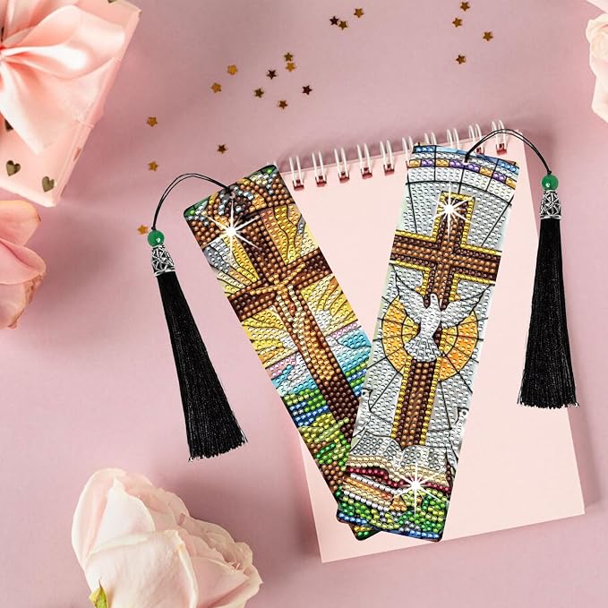 8PCS Diamond Painting Art Bookmarks,Cute Acrylic Bookmarks Crafts Kits Gifts with Pendants for Adult Women Book Lovers (cross2)