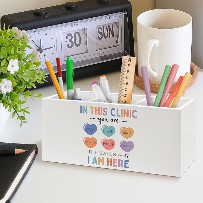 Mental Health Pen Holder, Therapy Office Pen Pencil Holder Organizer for Desk Accessories, in This Clinic You Are Safe Wooden Box Desk Decor for School Nurse Therapy Office Desk Decorations