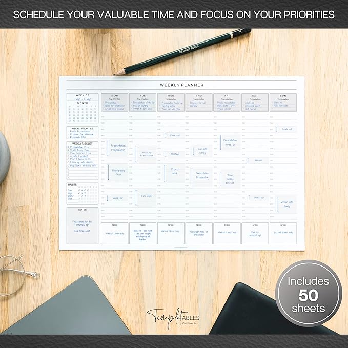 Weekly Hourly Planner Notepad, Daily Planner Desk Pad, Weekly Schedule, To Do List Note Pad, ADHD Planner | 50 Undated Tear Away Sheets | A4 (Mono)
