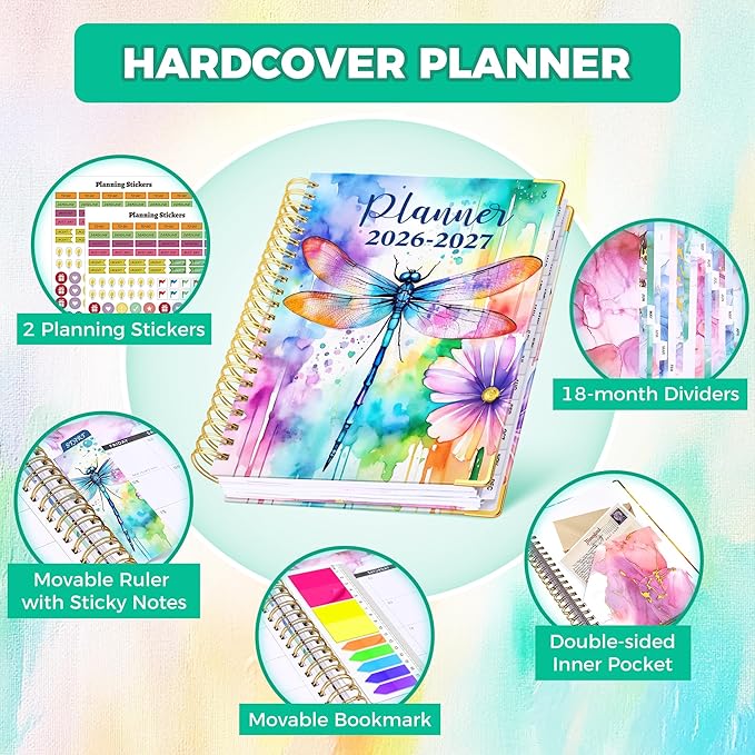 Planner 2026-2027, 18 Month Weekly and Monthly Planner, Jan. 2026 - Jun. 2027, 9" x 11.6" A4 Large Hardcover Calendar Planner with Page Tabs, Separator Page, Inner Pocket, Bookmark, Stickers, Sticky Note Set