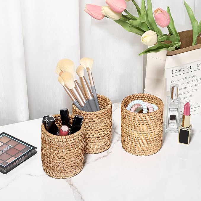 BTSKY 3 Pack Rattan Pen Cup, Handmade Desk Pencil Holders Makeup Brush Holder Multi-Functional Woven Basket Office&Home Desktop Organizer (Cylinder)