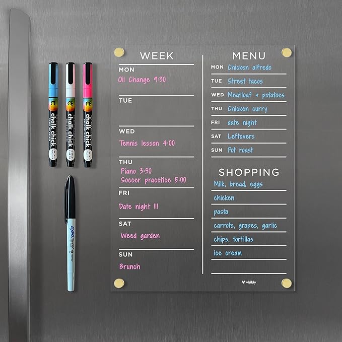 Magnetic Acrylic Meal Planner, Menu & Shopping List Board for Fridge, 9” x 12” Clear Refrigerator Organizer, Includes 4 Magnetic Wet-Erase Markers, Gold Corner Magnets